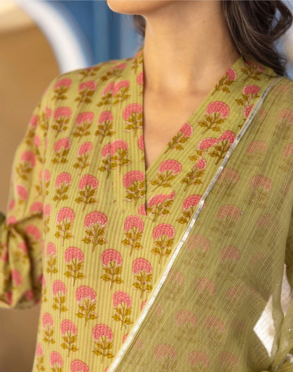 Mustard Printed Rayon Straight Kurta With Pant And Dupatta