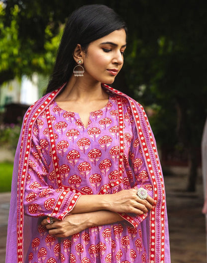 Purple Printed Rayon A-Line Kurta With Pant And Dupatta