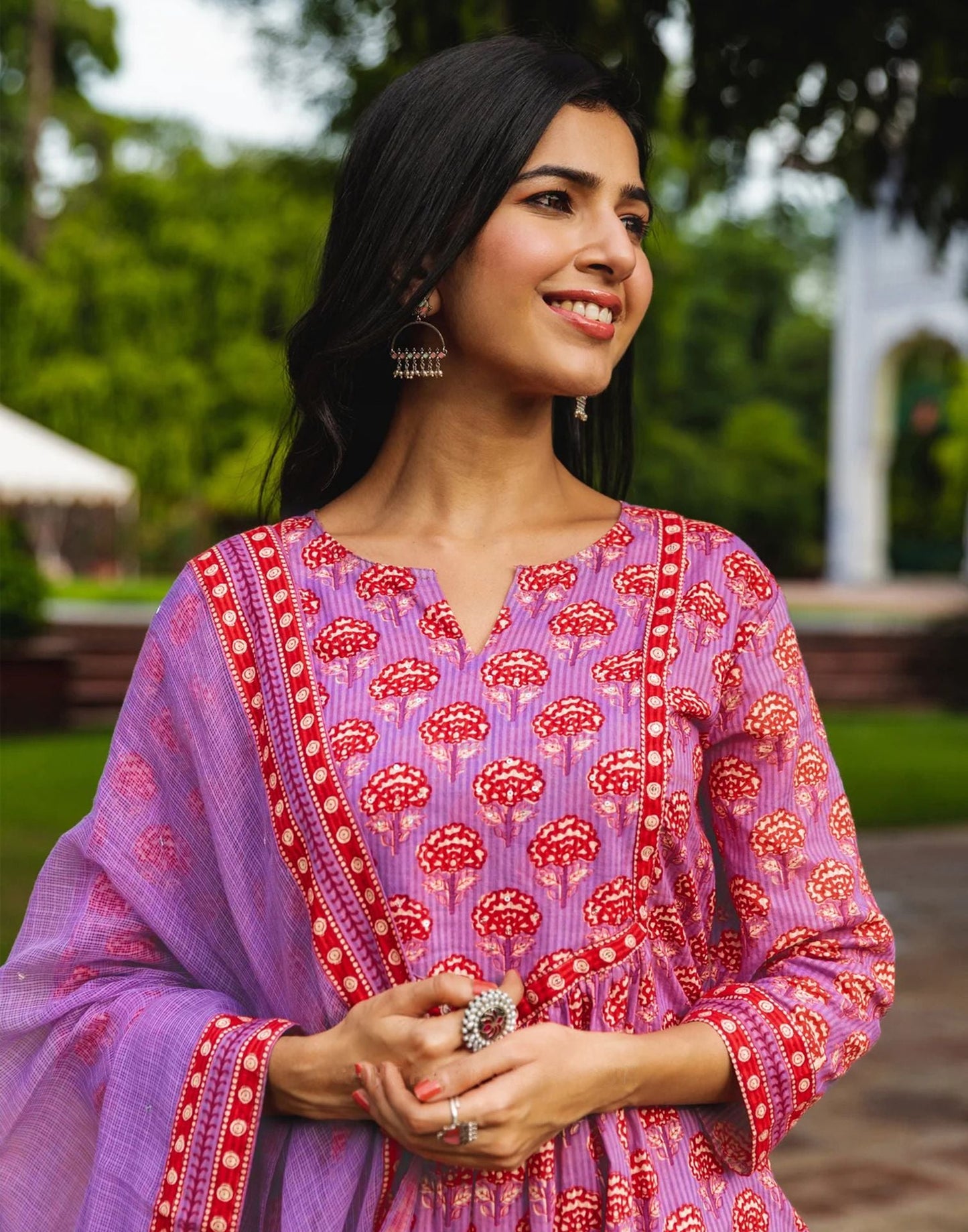 Purple Printed Rayon A-Line Kurta With Pant And Dupatta