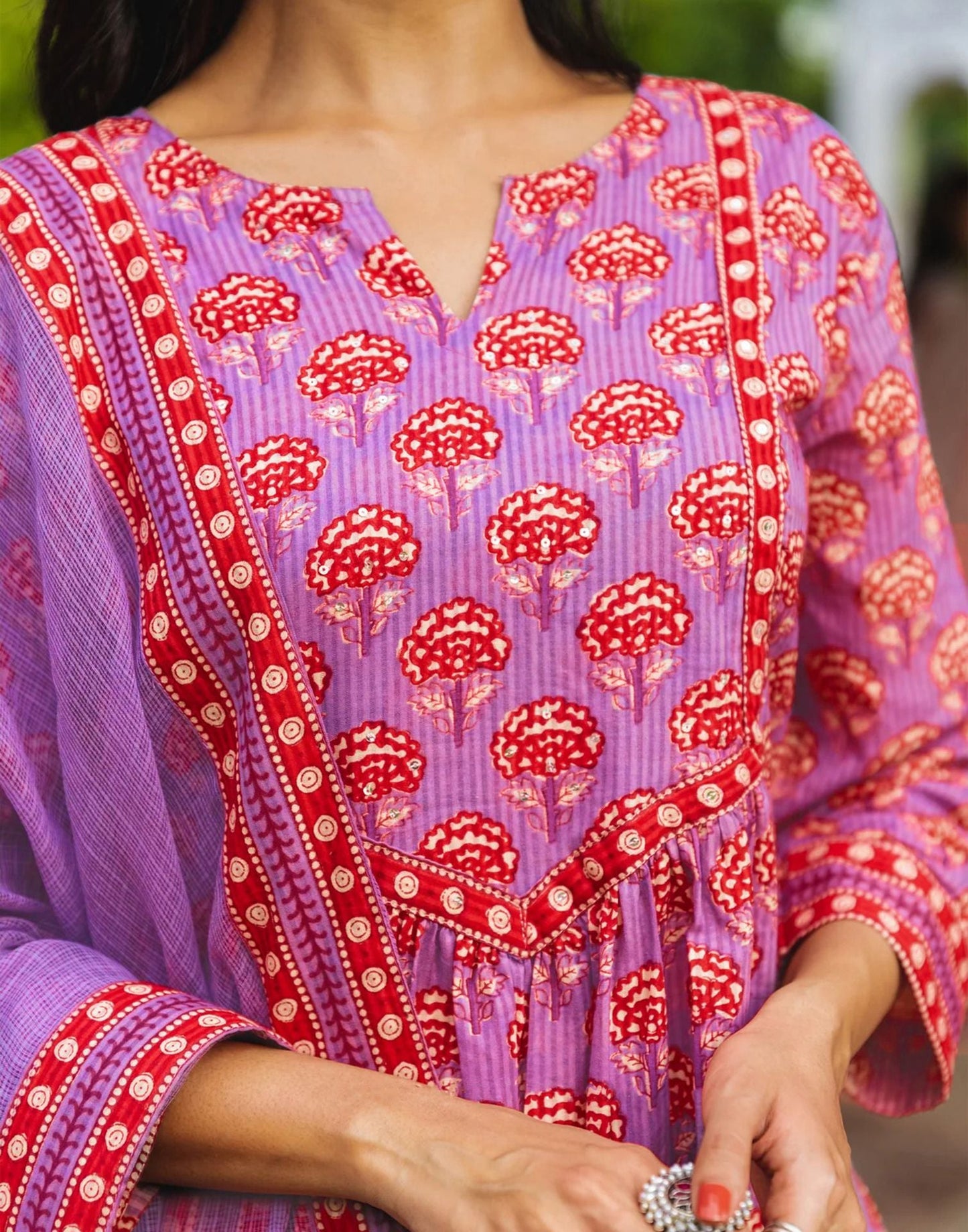 Purple Printed Rayon A-Line Kurta With Pant And Dupatta