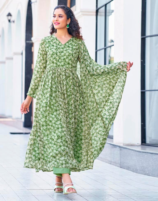 Pista Green Printed Georgette Flared Kurta Set with Dupatta