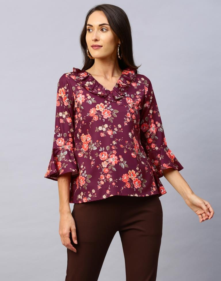 Flamboyant Purple Coloured Digital Printed Crepe Tops | Sudathi