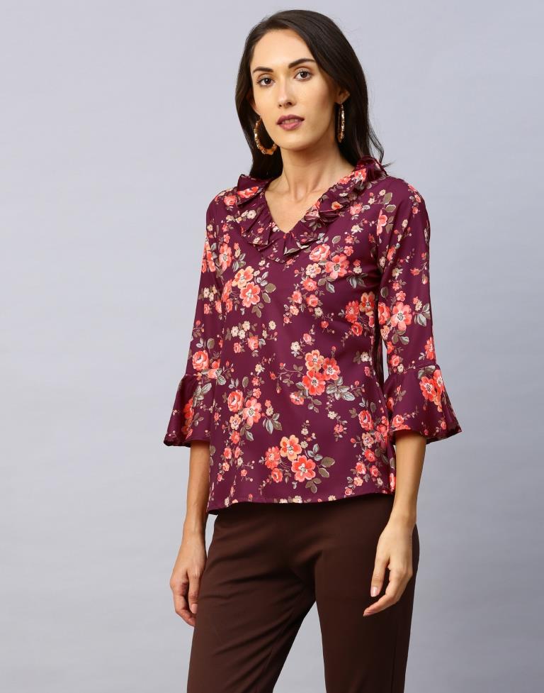 Flamboyant Purple Coloured Digital Printed Crepe Tops | Sudathi