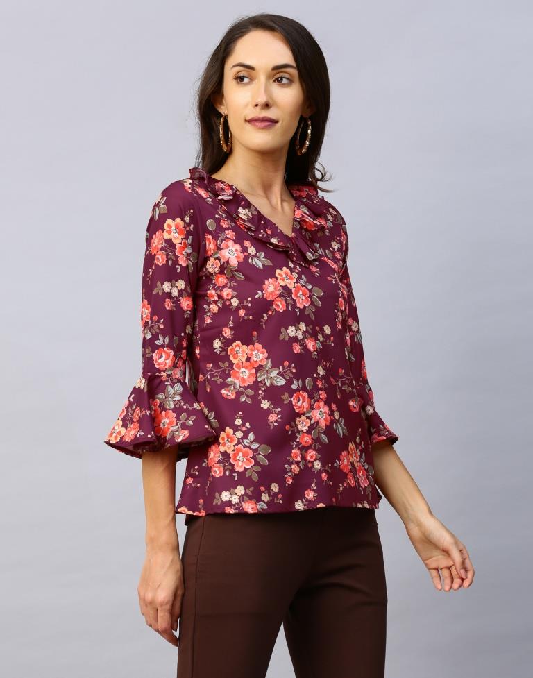 Flamboyant Purple Coloured Digital Printed Crepe Tops | Sudathi