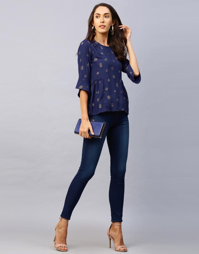 Epitome Navy Blue Coloured Foil Printed Rayon Tops | Leemboodi