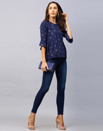 Epitome Navy Blue Coloured Foil Printed Rayon Tops | Leemboodi