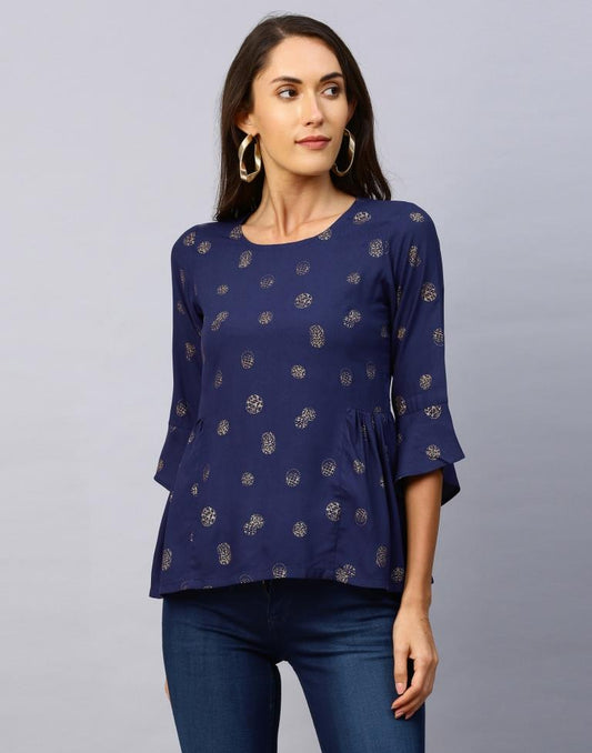 Epitome Navy Blue Coloured Foil Printed Rayon Tops | Leemboodi