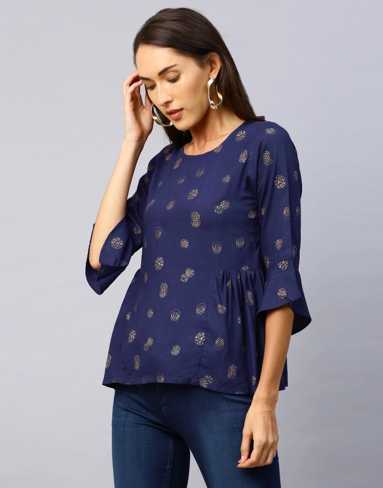 Epitome Navy Blue Coloured Foil Printed Rayon Tops | Leemboodi