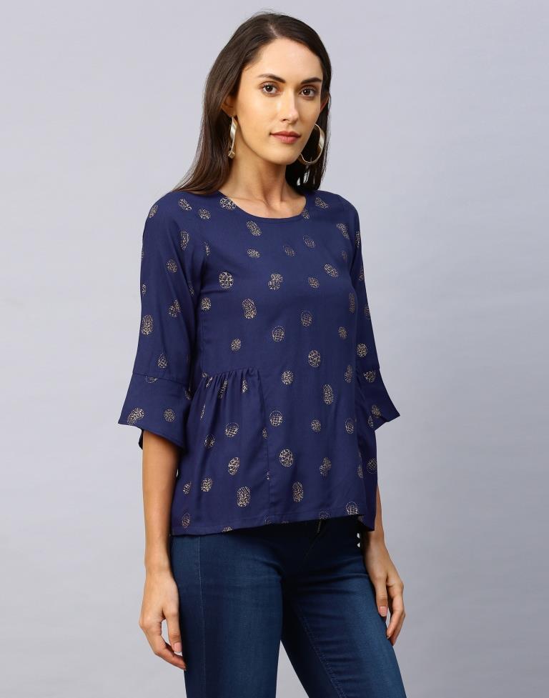 Epitome Navy Blue Coloured Foil Printed Rayon Tops | Leemboodi