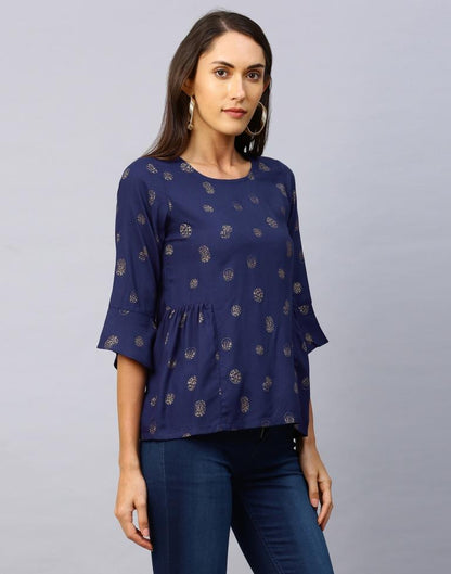 Epitome Navy Blue Coloured Foil Printed Rayon Tops | Leemboodi