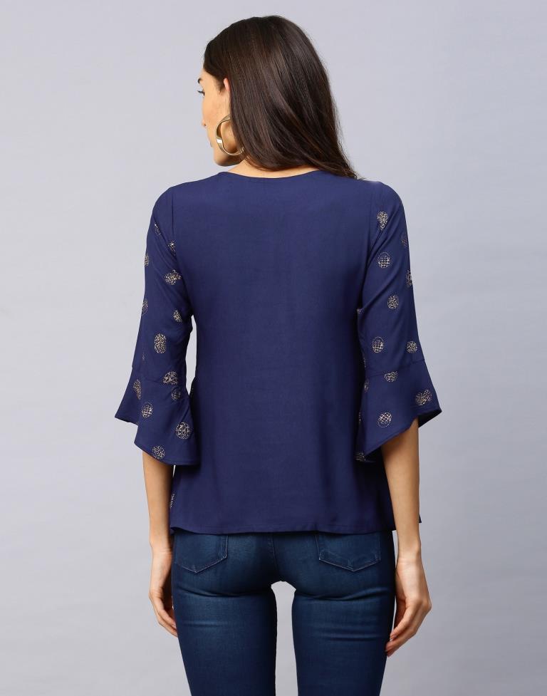 Epitome Navy Blue Coloured Foil Printed Rayon Tops | Leemboodi