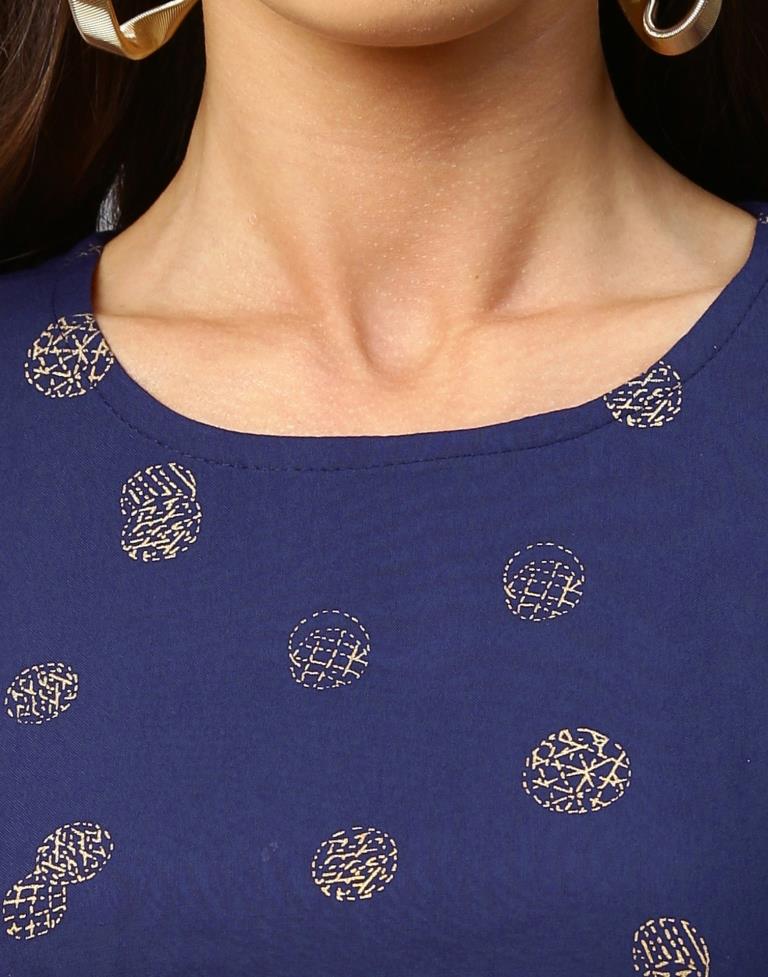 Epitome Navy Blue Coloured Foil Printed Rayon Tops | Leemboodi