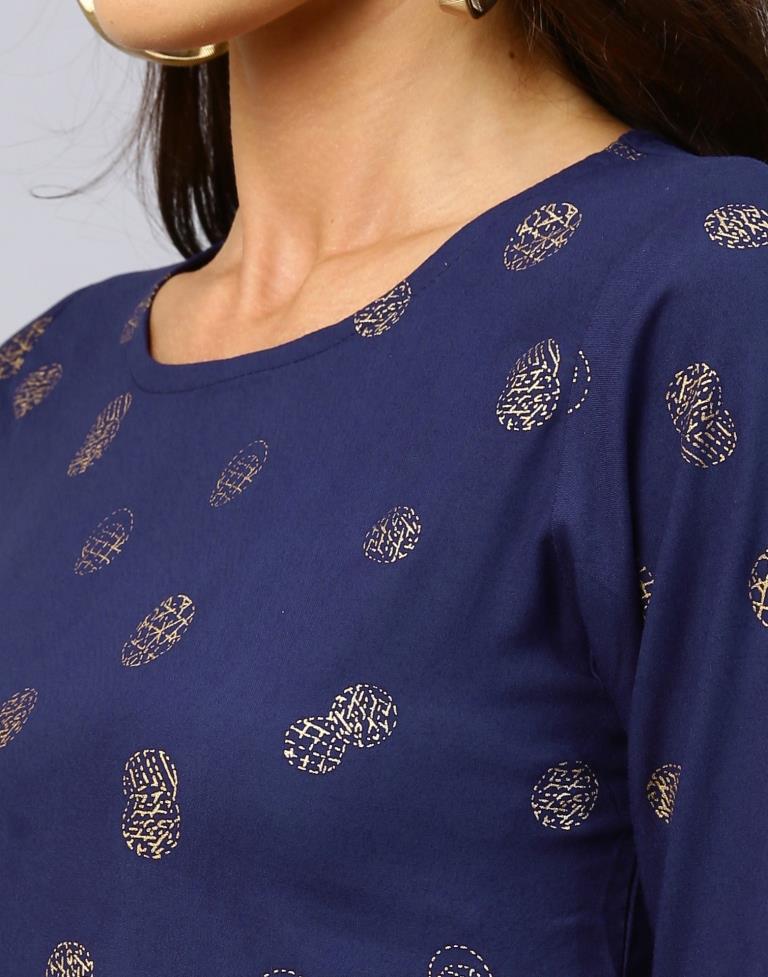 Epitome Navy Blue Coloured Foil Printed Rayon Tops | Leemboodi