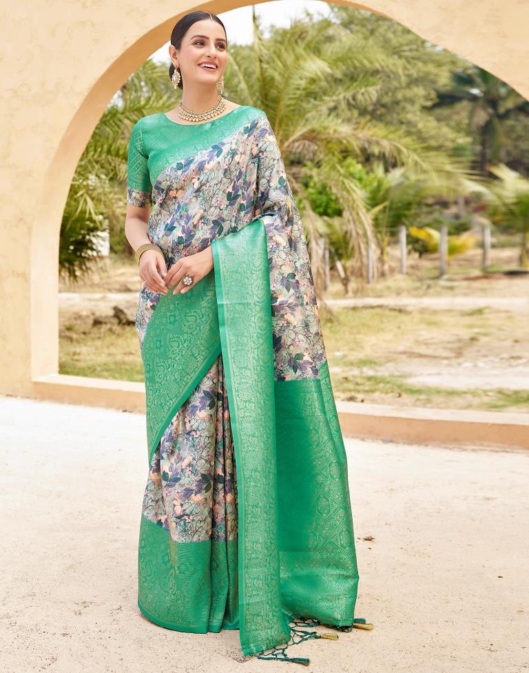 Ready to Wear Teal Green Silk Printed Saree