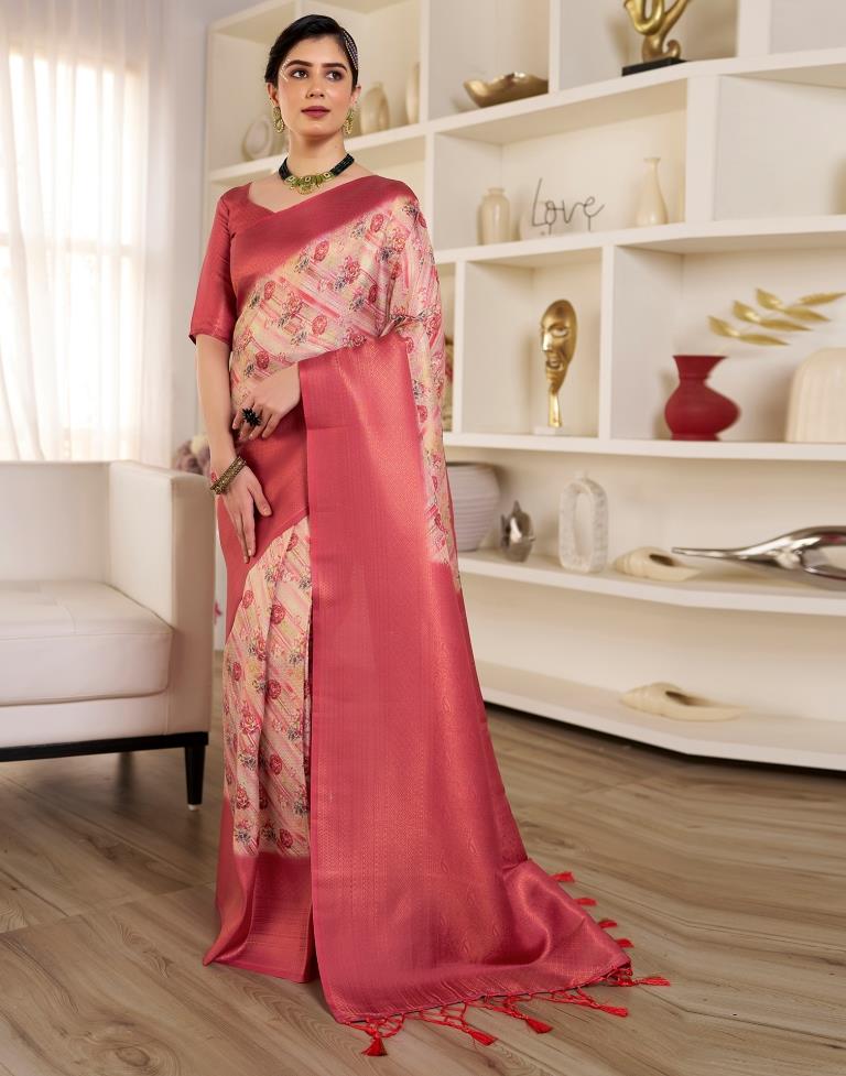 Ready to Wear Beige & Red Silk Printed Saree