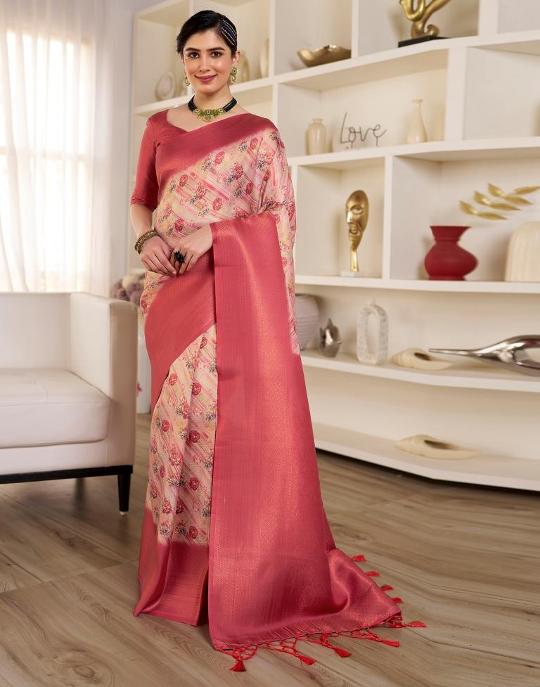 Ready to Wear Beige & Red Silk Printed Saree
