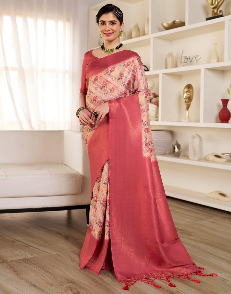 Ready to Wear Beige & Red Silk Printed Saree