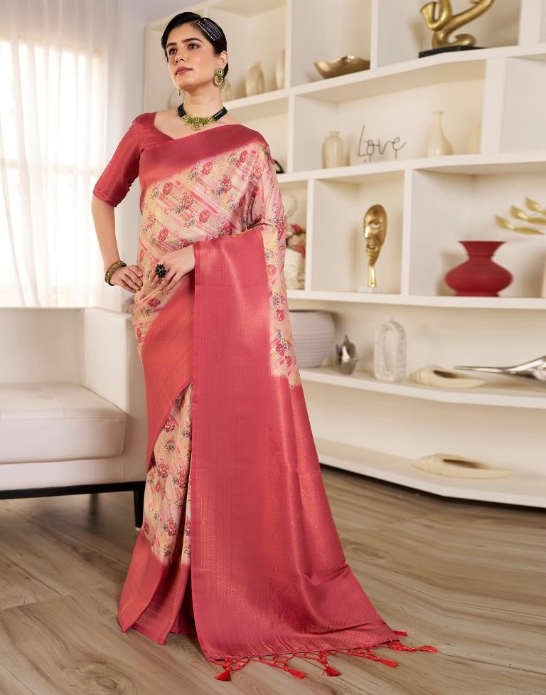 Ready to Wear Beige & Red Silk Printed Saree