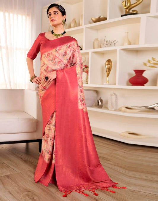 Ready to Wear Beige & Red Silk Printed Saree