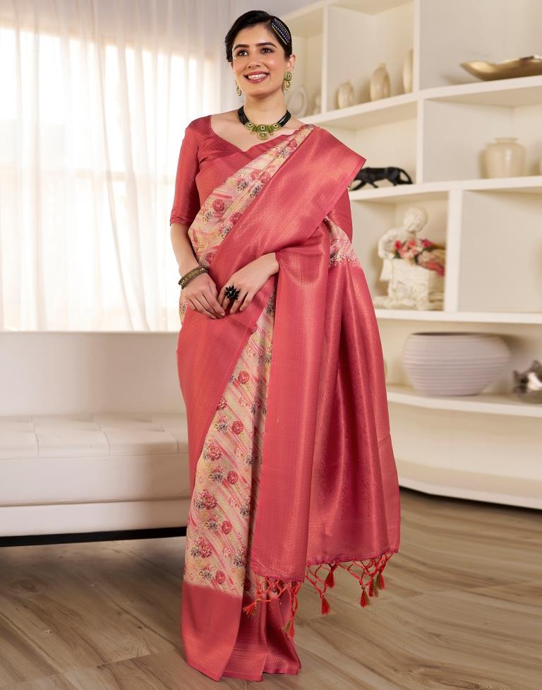 Ready to Wear Beige & Red Silk Printed Saree
