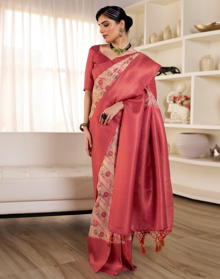 Ready to Wear Beige & Red Silk Printed Saree