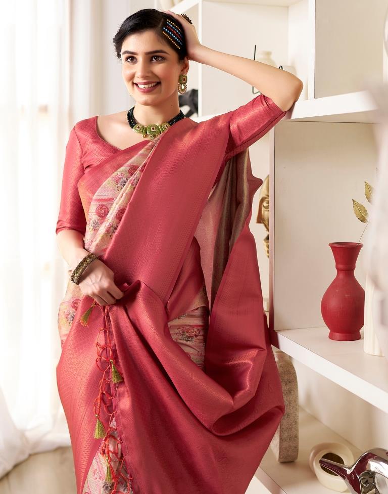 Ready to Wear Beige & Red Silk Printed Saree