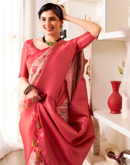 Ready to Wear Beige & Red Silk Printed Saree