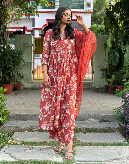 Brown Printed Kurti With Pant And Dupatta | Leemboodi