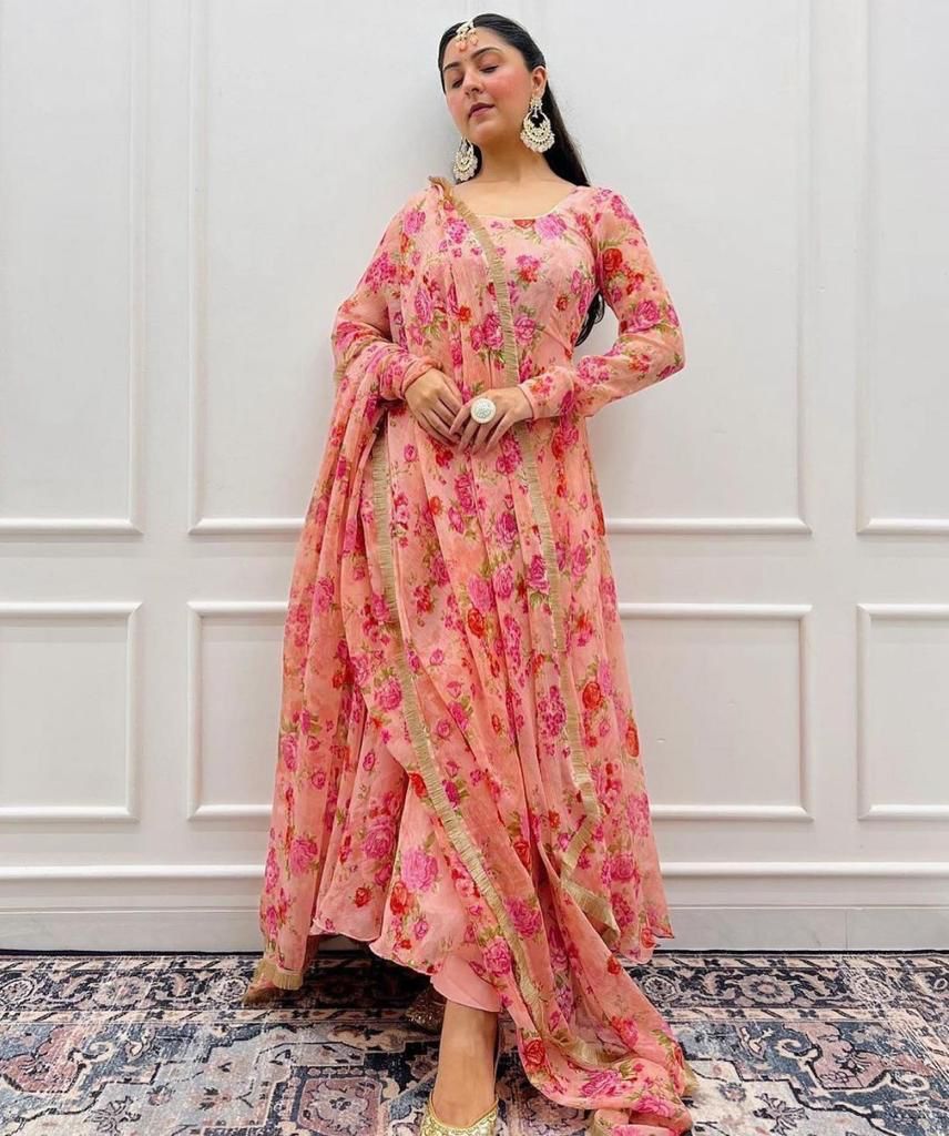 Peach Printed Georgette Flared Kurta With Pant