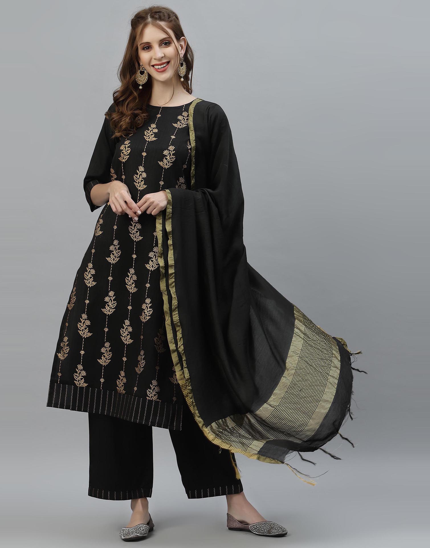 Black Kurti with Pant And Dupatta | Leemboodi