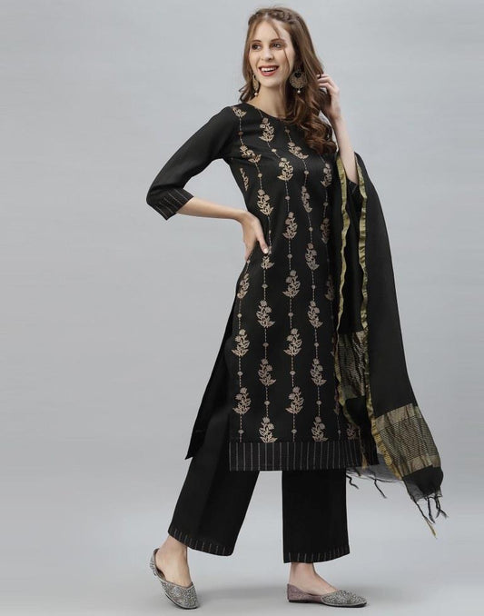 Black Kurti with Pant And Dupatta | Leemboodi