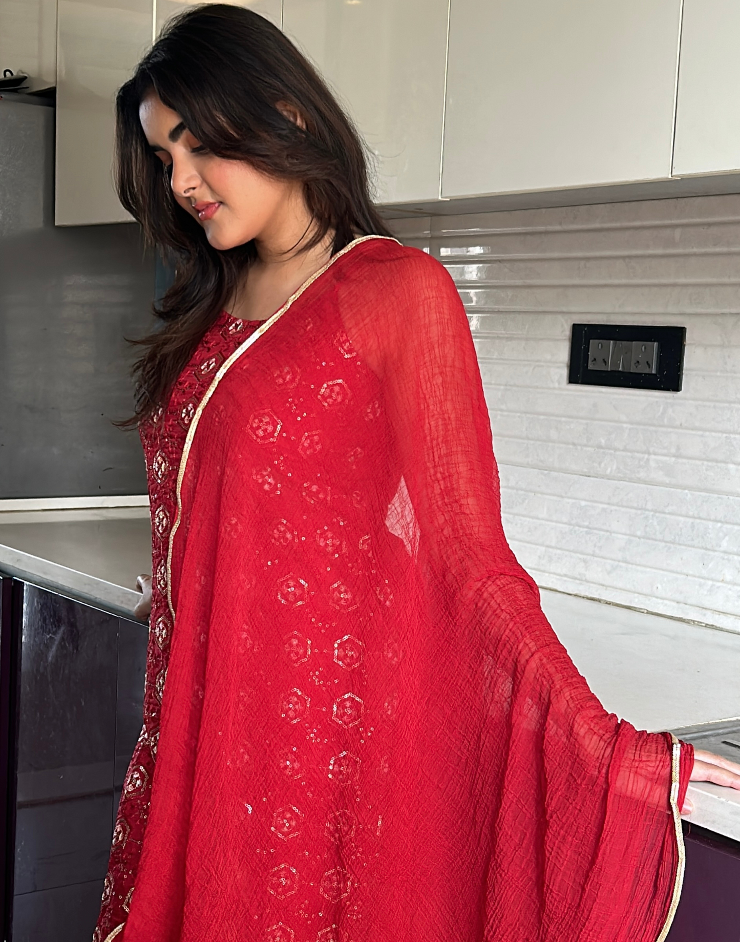 Maroon Chinnon Embroidery Straight Kurta With Pant And Dupatta