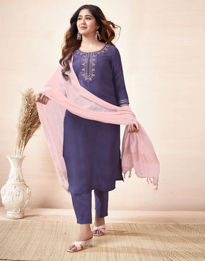 Purple Plain Muslin Straight Kurta Set with Dupatta