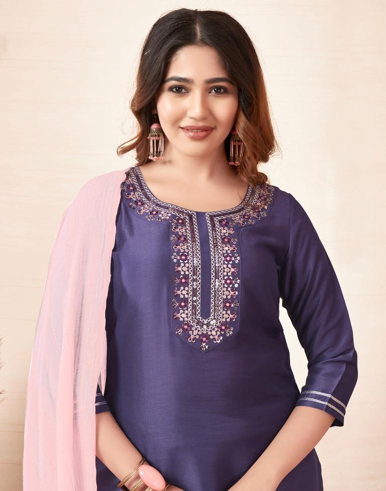 Purple Plain Muslin Straight Kurta Set with Dupatta