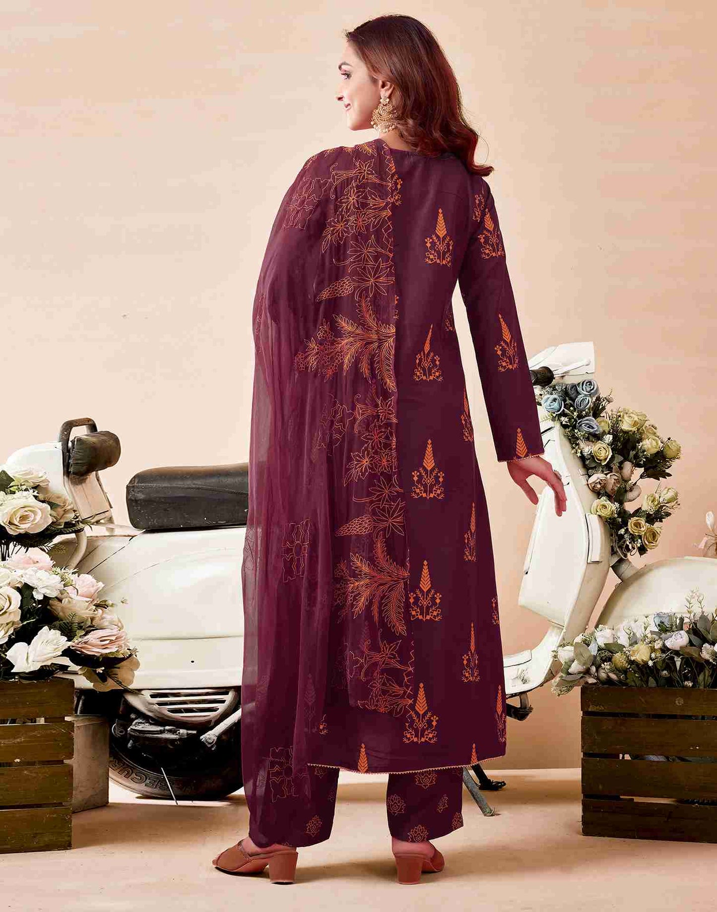 Maroon Printed Chinnon Flared Kurta Set With Dupatta