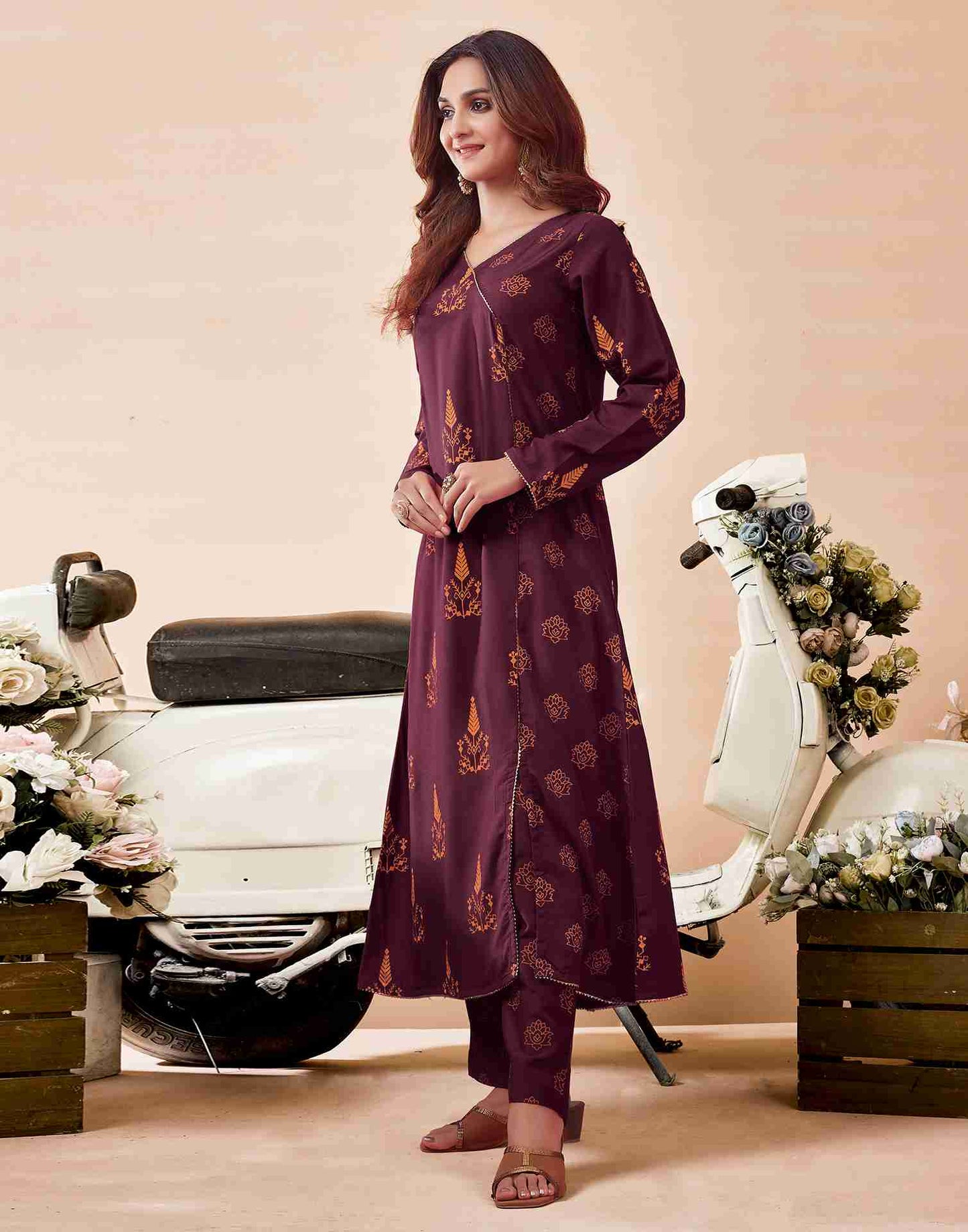 Maroon Printed Chinnon Flared Kurta Set With Dupatta