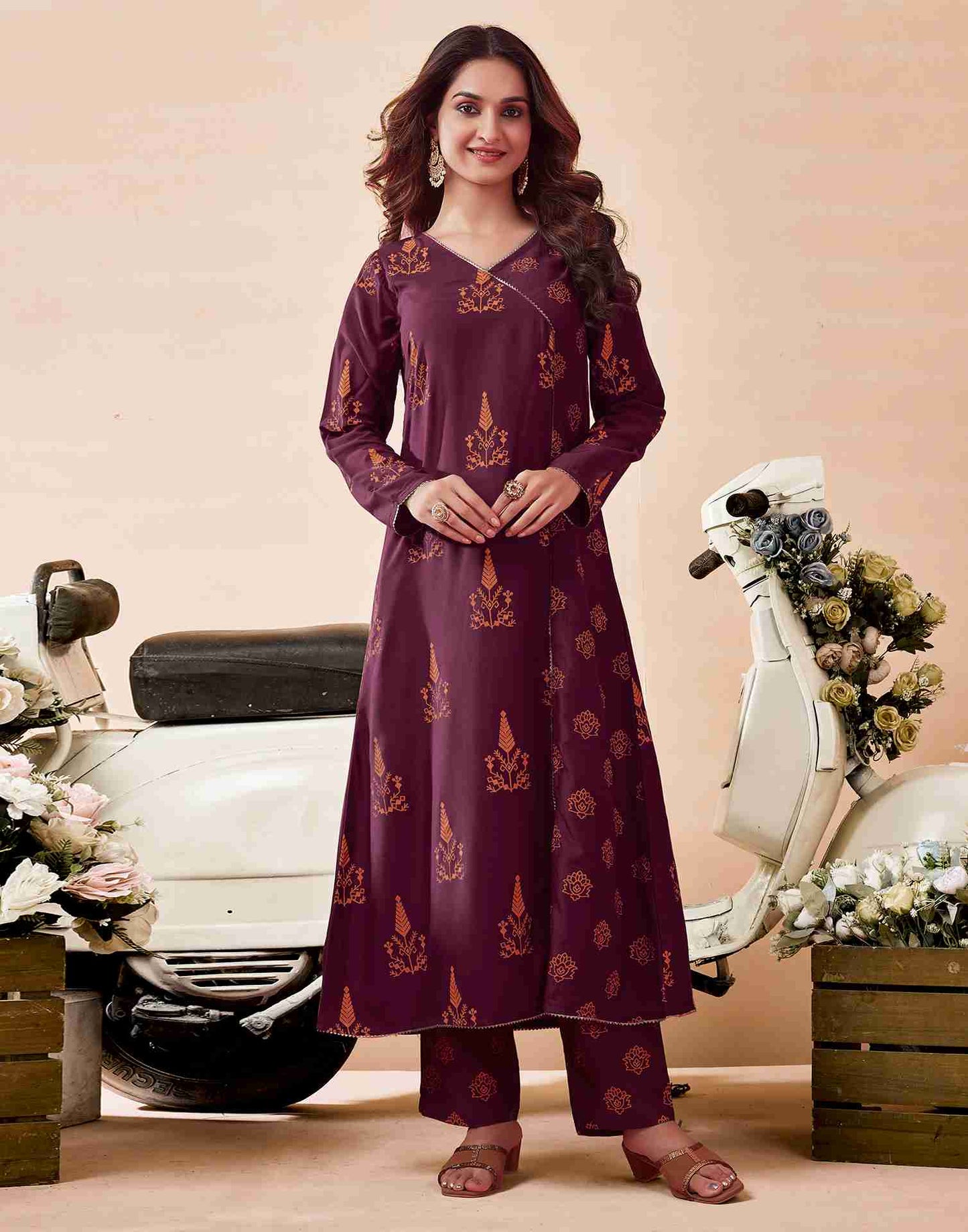Maroon Printed Chinnon Flared Kurta Set With Dupatta