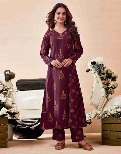 Maroon Printed Chinnon Flared Kurta Set With Dupatta