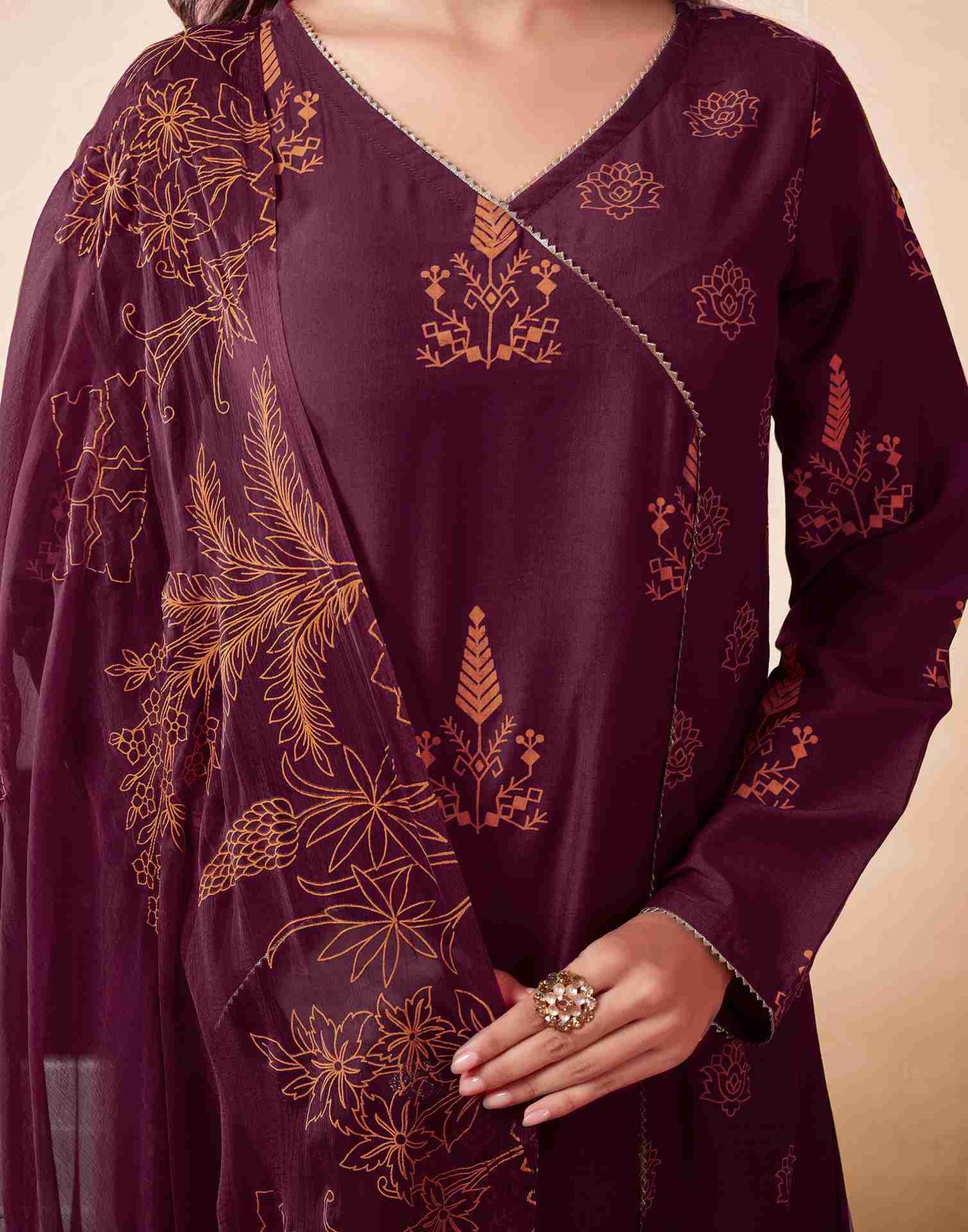 Maroon Printed Chinnon Flared Kurta Set With Dupatta