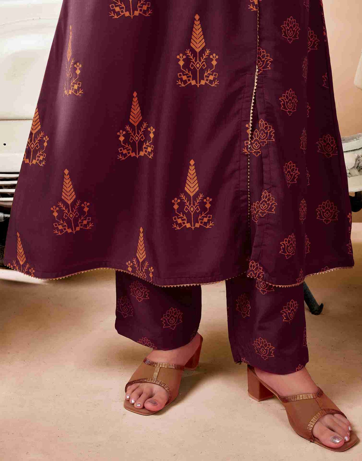 Maroon Printed Chinnon Flared Kurta Set With Dupatta