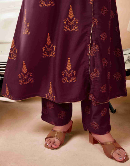 Maroon Printed Chinnon Flared Kurta Set With Dupatta