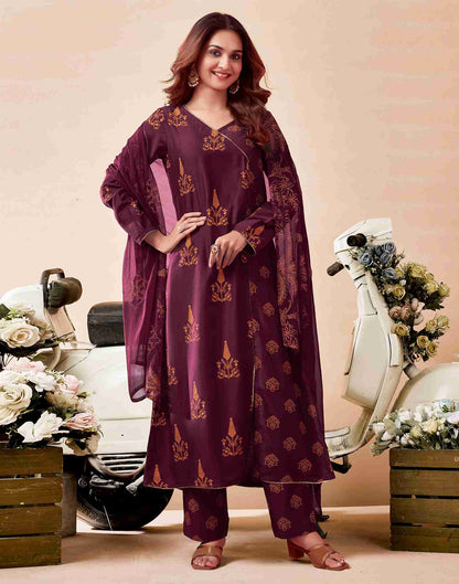 Maroon Printed Chinnon Flared Kurta Set With Dupatta