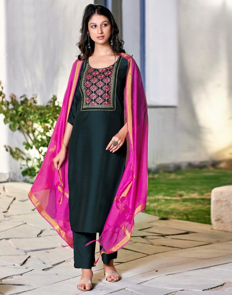 Rama Green Plain Chinnon Straight Kurta Set with Dupatta