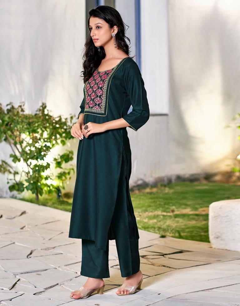 Rama Green Plain Chinnon Straight Kurta Set with Dupatta