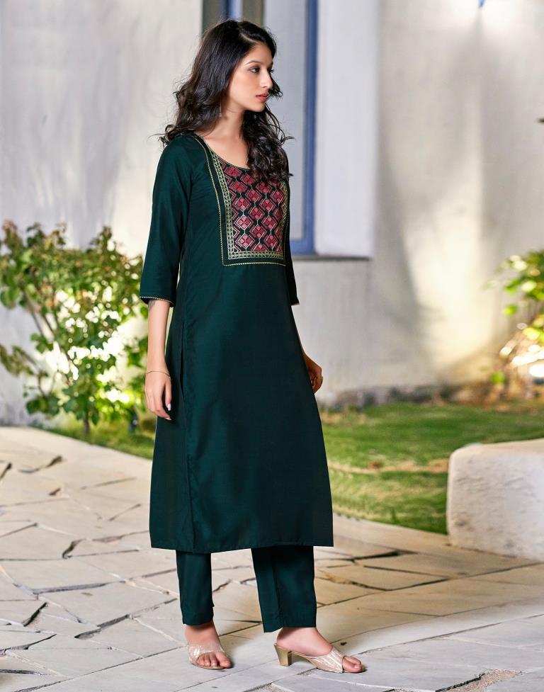 Rama Green Plain Chinnon Straight Kurta Set with Dupatta