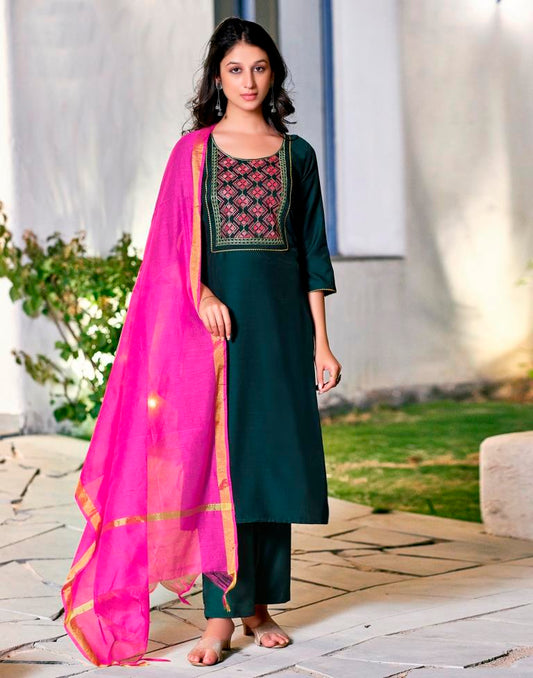 Rama Green Plain Chinnon Straight Kurta Set with Dupatta