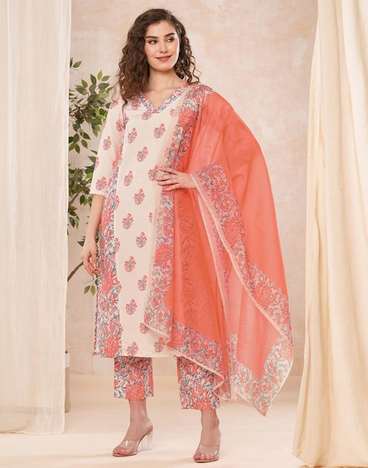 Peach Printed Rayon Straight Kurta Set With Dupatta