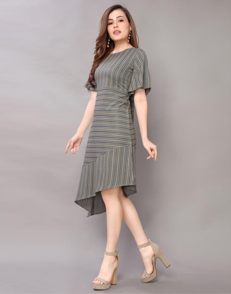 Olive Green Coloured Woven Striped Rayon Dress | Sudathi