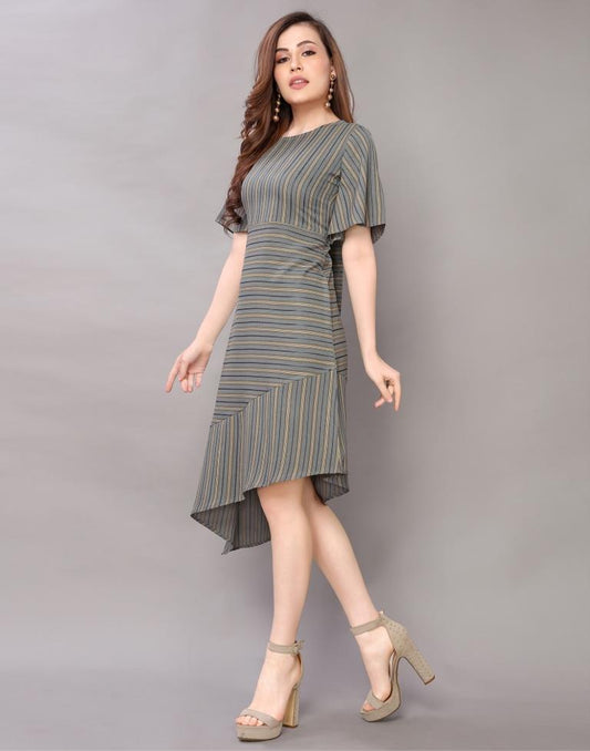 Olive Green Coloured Woven Striped Rayon Dress | Sudathi