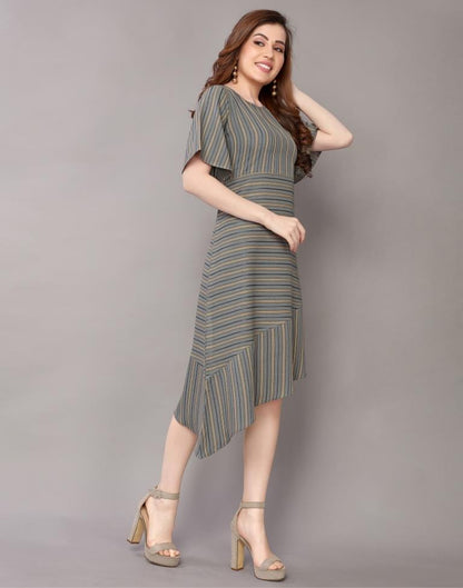 Olive Green Coloured Woven Striped Rayon Dress | Sudathi
